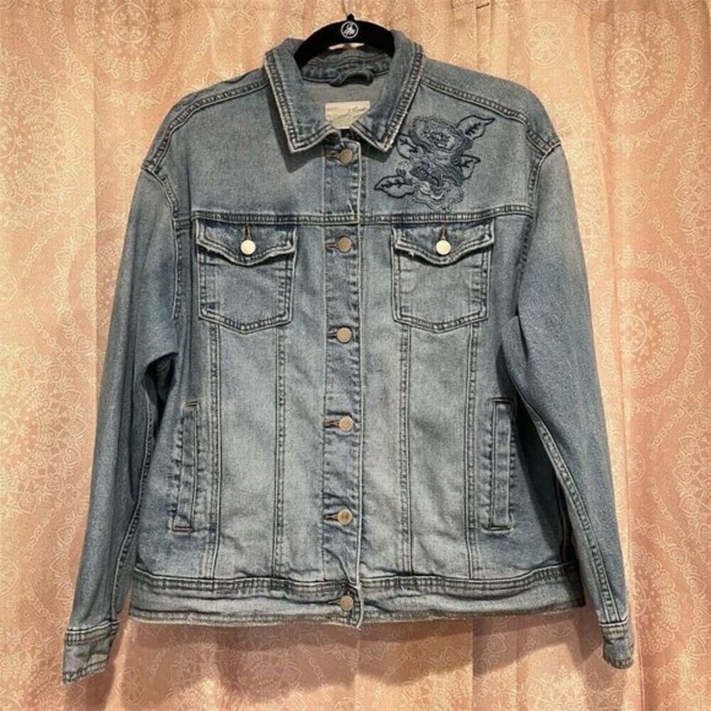 Universal Thread Women's M Embroidered Floral Denim Jacket Blue Casual Classic